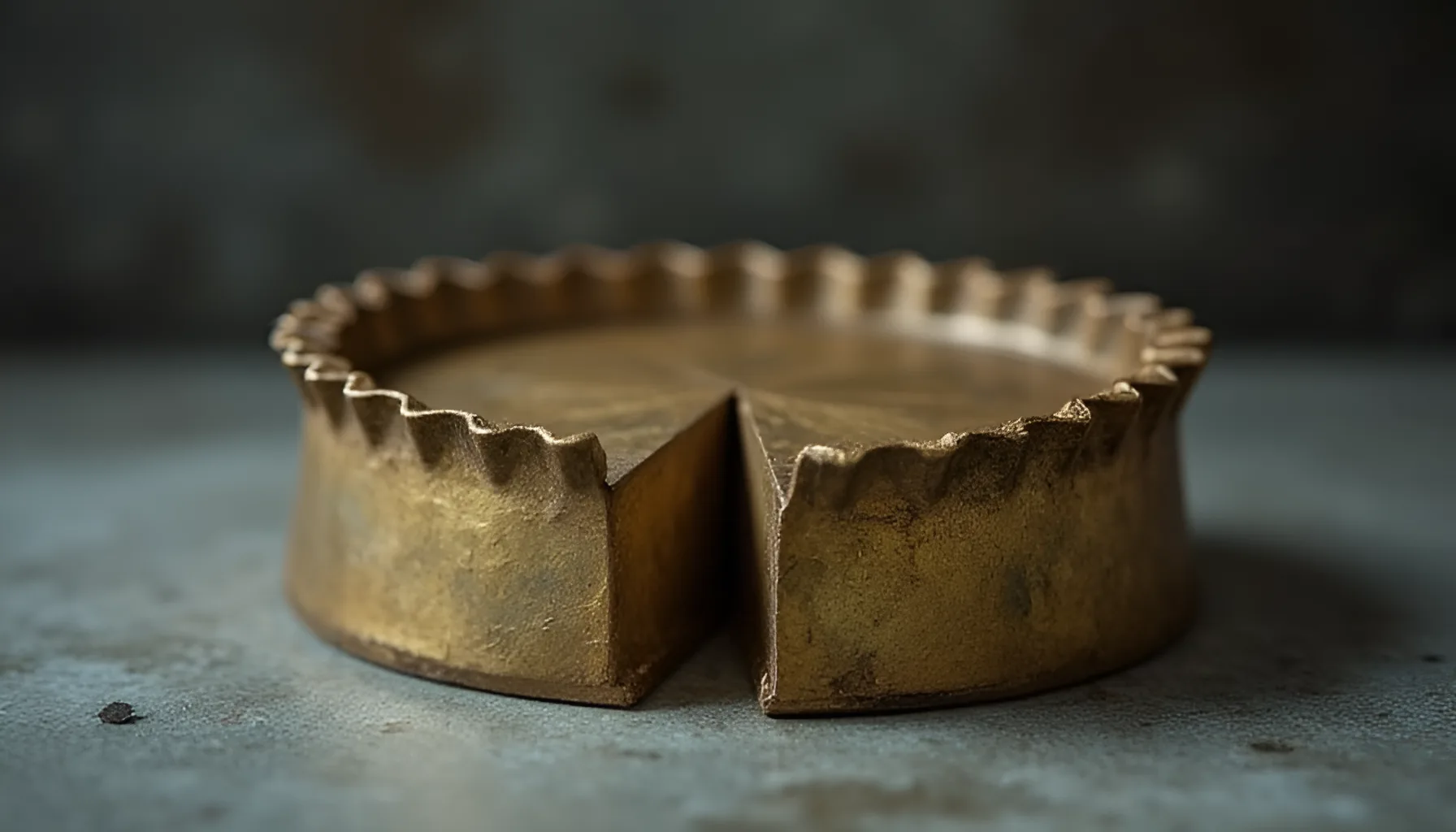 짙은 콘크리트 위에 놓인 놋쇠 원반 조각을 담은 사진