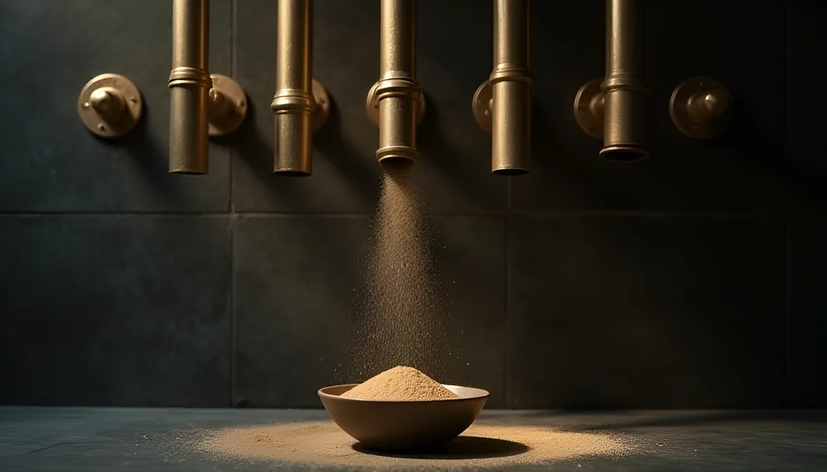 여러 갈래의 관 중 오직 하나의 매끄러운 황동 파이프를 통해서만 금빛 모래가 흘러내려 지정된 그릇 하나에 담기는 추상 정물 이미지로 실명계좌 한 곳으로만 출금되는 구조를 은유한 이미지