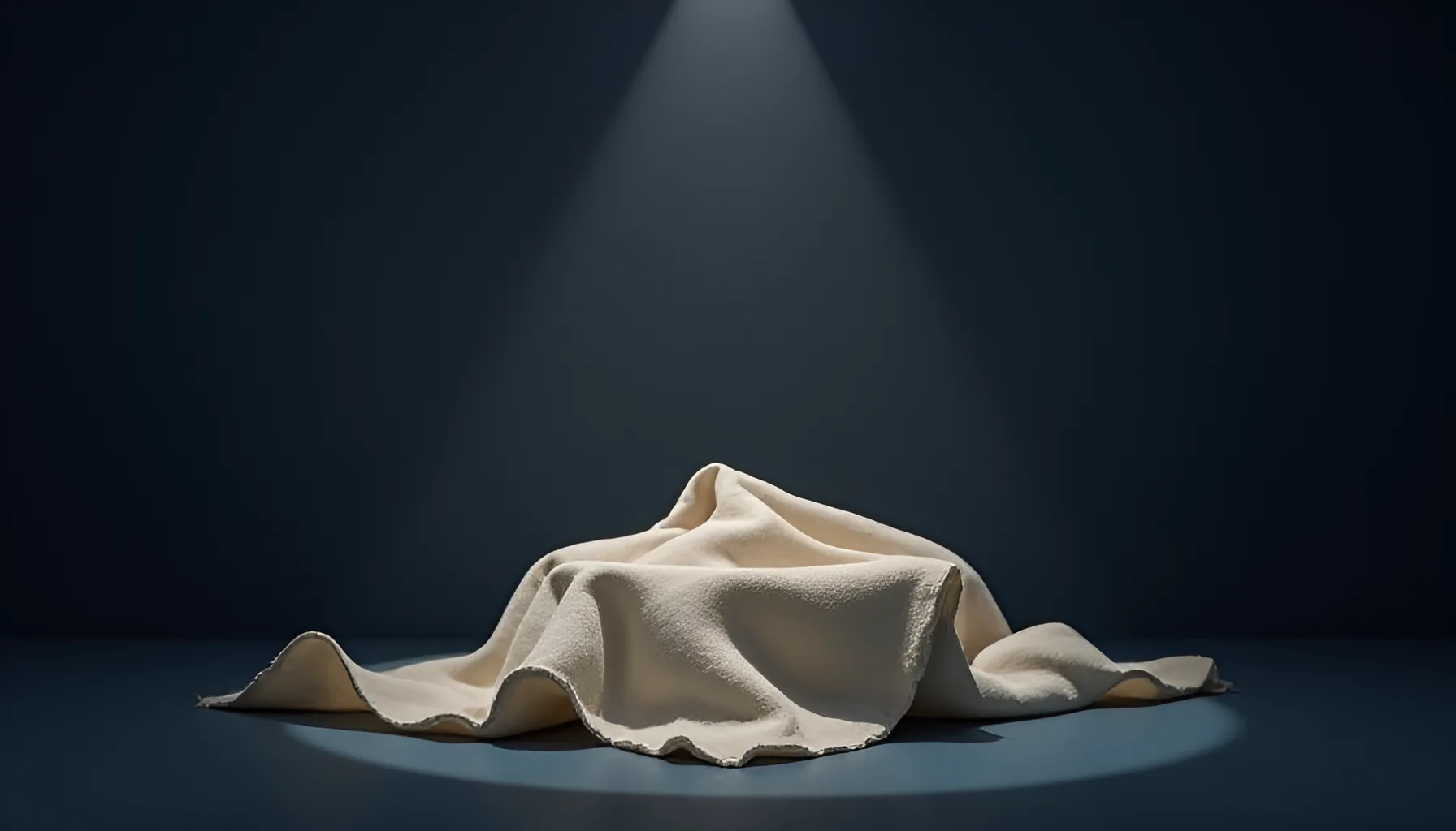 짙은 남색 스튜디오 공간에서 두껍고 밑단이 거친 크림색 천이 바닥의 낮은 형체를 덮고 있고 정수리에서 수직으로 내려온 차가운 흰 조명이 바닥에 원형 빛웅덩이를 만들며 천의 주름과 결을 드러내는 고요한 추상 정물 이미지로 오래 덮여 있던 자산을 은유한 이미지