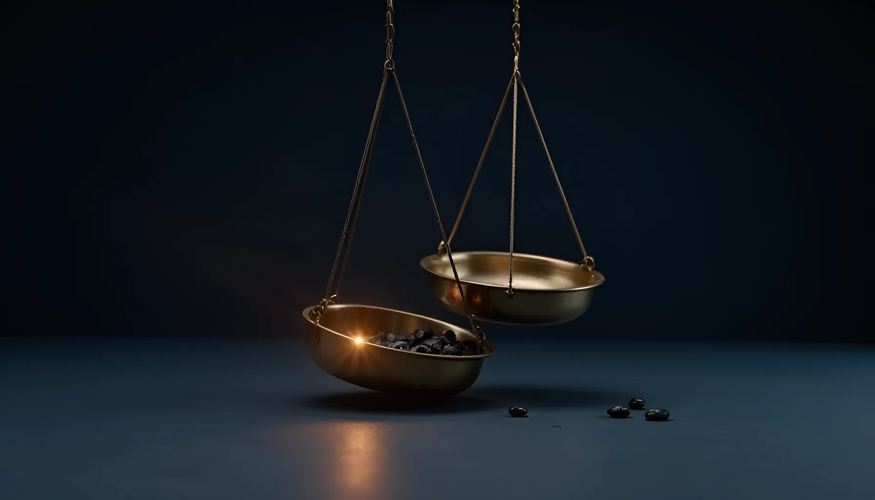 짙은 남색 표면 위에 놋쇠빛 저울 접시 두 개가 서로 다른 높이로 기울어 매달려 있고 한쪽 접시에만 작은 자갈 몇 개가 담긴 채 따뜻한 호박빛이 접시 테두리를 훑고 지나가는 추상 정물 이미지로 위험도에 따라 달라지는 확인 강도를 은유한 이미지