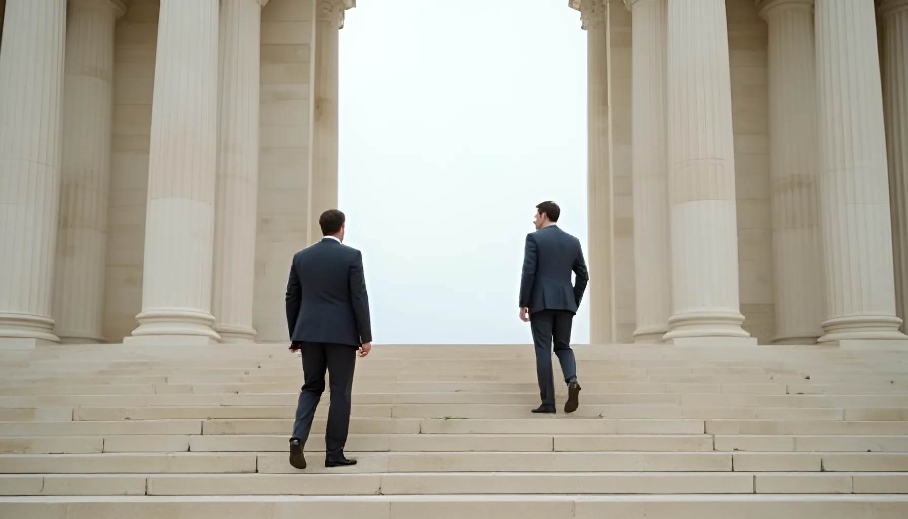 정장 차림의 두 사람이 높은 돌기둥 사이로 난 넓은 돌계단을 오르는 뒷모습