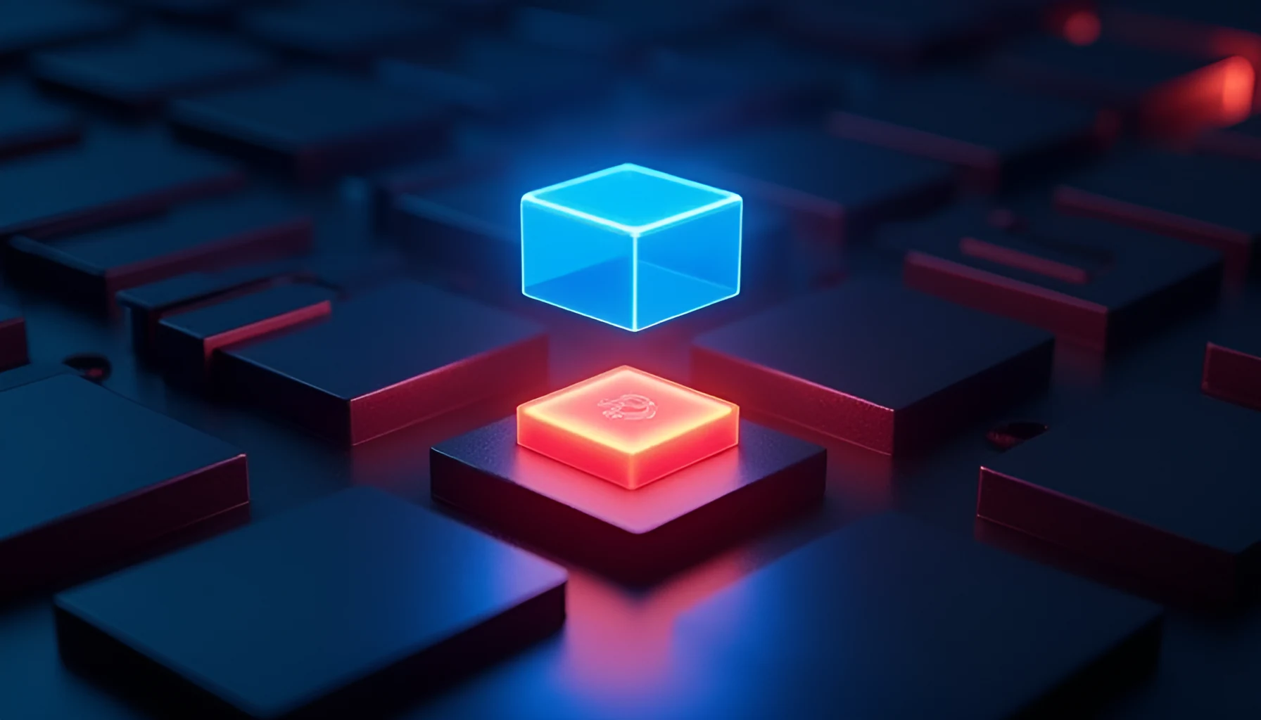 멈춰 있는 붉은 블록 바로 위 같은 자리로 밝은 시안색 블록이 내려앉아 앞의 것을 덮어쓰는 추상 이미지로 같은 논스를 더 높은 수수료로 대체하는 원리를 시각화